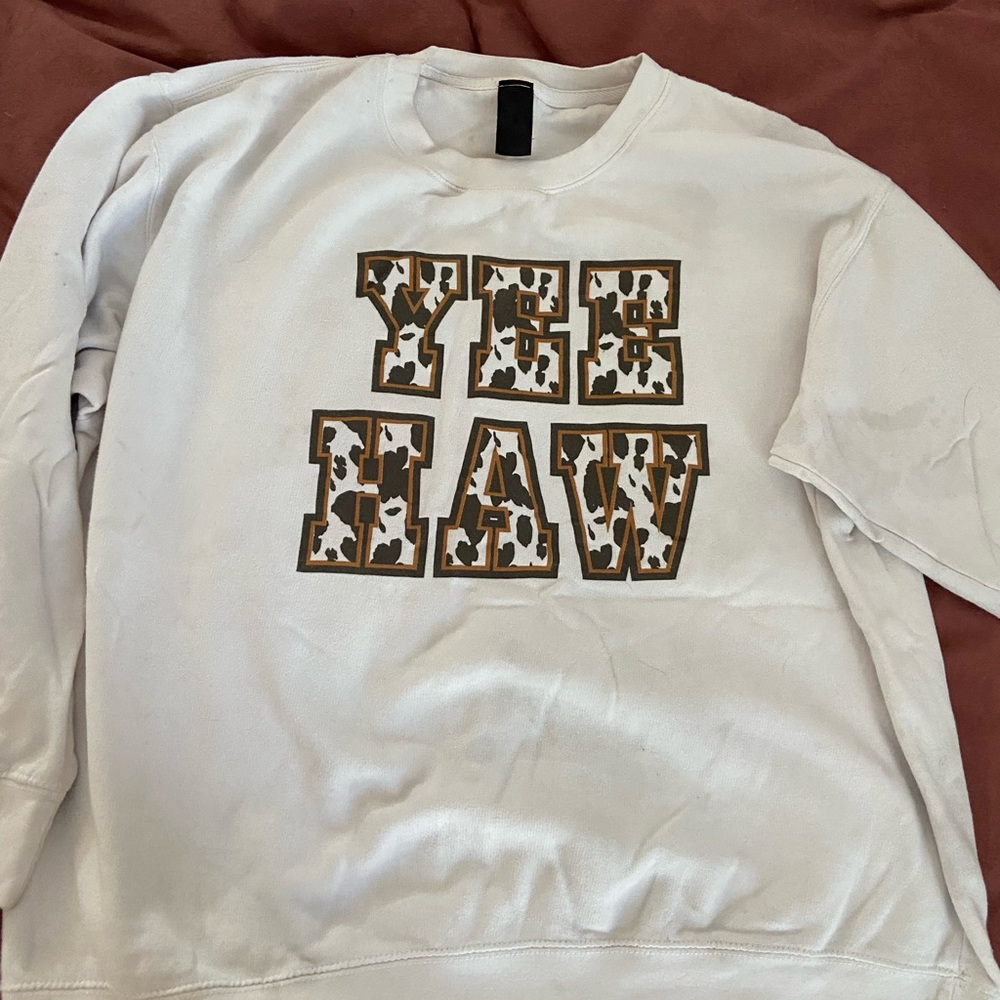 Yeehaw white and cow print crew neck
